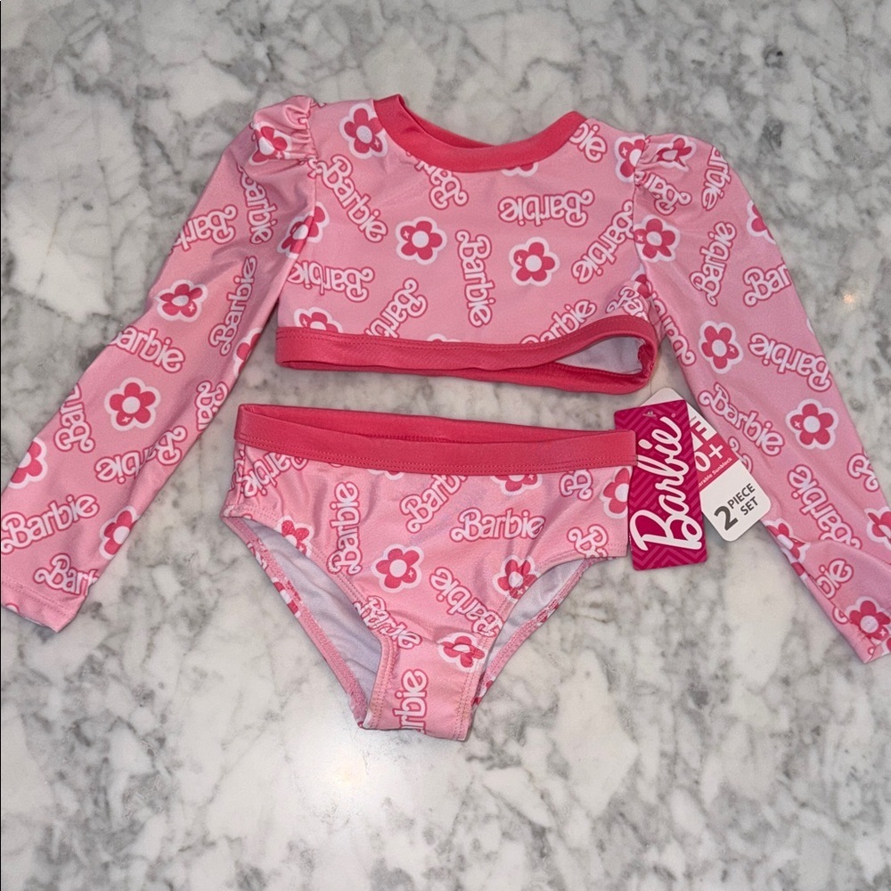 NWT Barbie Floral Pink Kids Rashguard Swim Set 3T